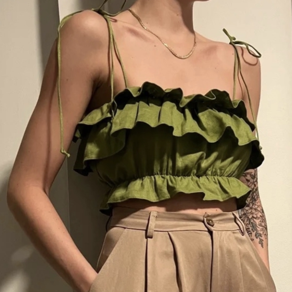 Reformation Linen Ruskin Top Avocado Green Size XXS